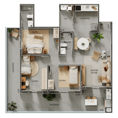 105 m² - 03 dormitórios (1 suíte)